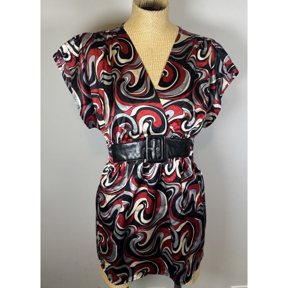 Y2K‎ Anxiety Top Blouse Black Red Retro Swirl Pattern Silky Belted Funky Fun XL